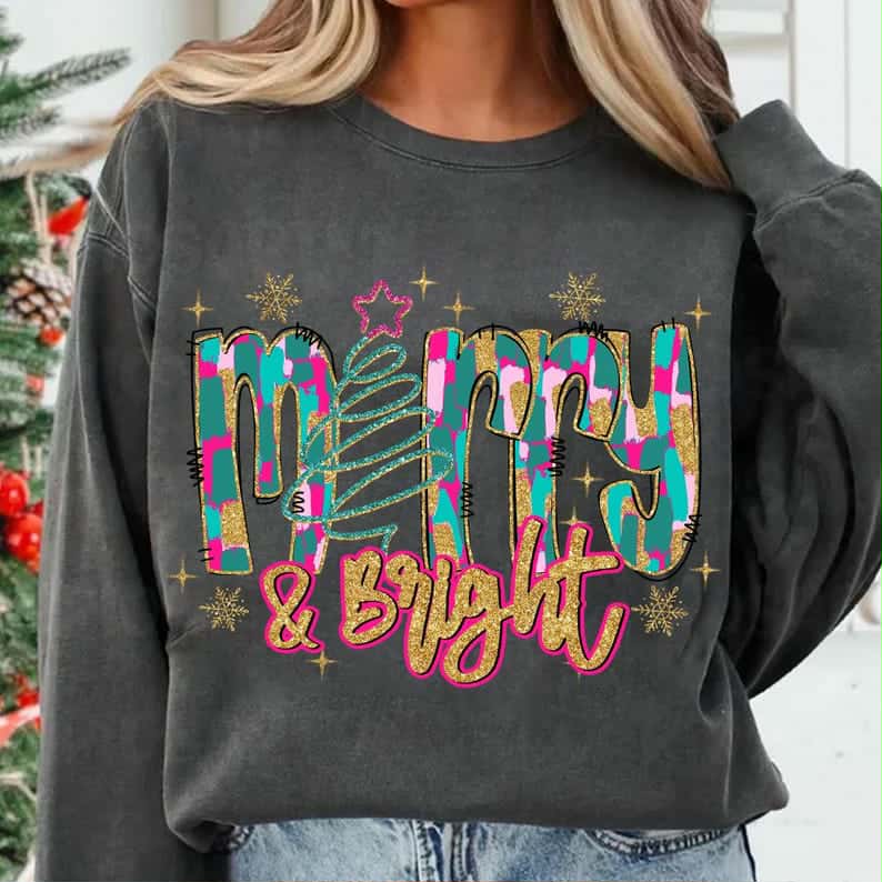 Merry and Bright Brushstrokes with tree DTF transfer