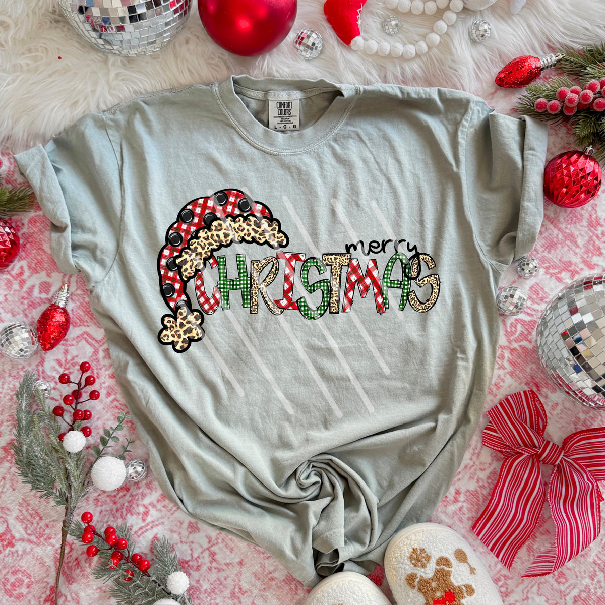 Merry Christmas plaid and Santa hat 113910 DTF Transfer