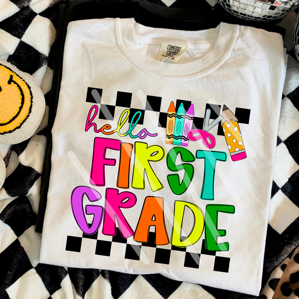 Hello First Grade rainbow GIRL with star pencil 110632 DTF transfer