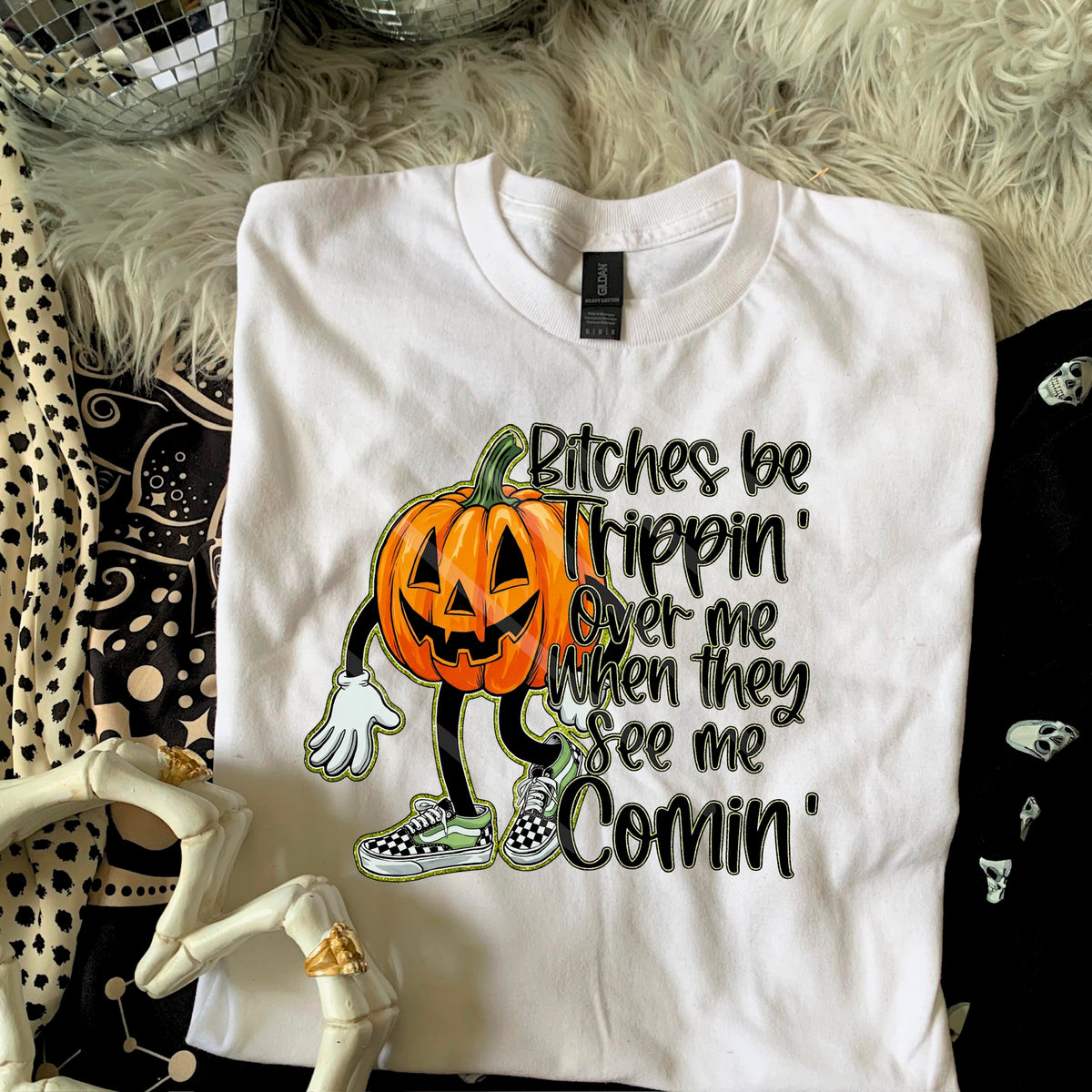 Bitches Be Trippin Pumpkin with checker shoes 110587 DTF transfer