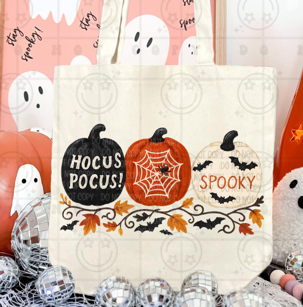 Hocus Pocus spider web and spooky pumpkins HW DTF transfer