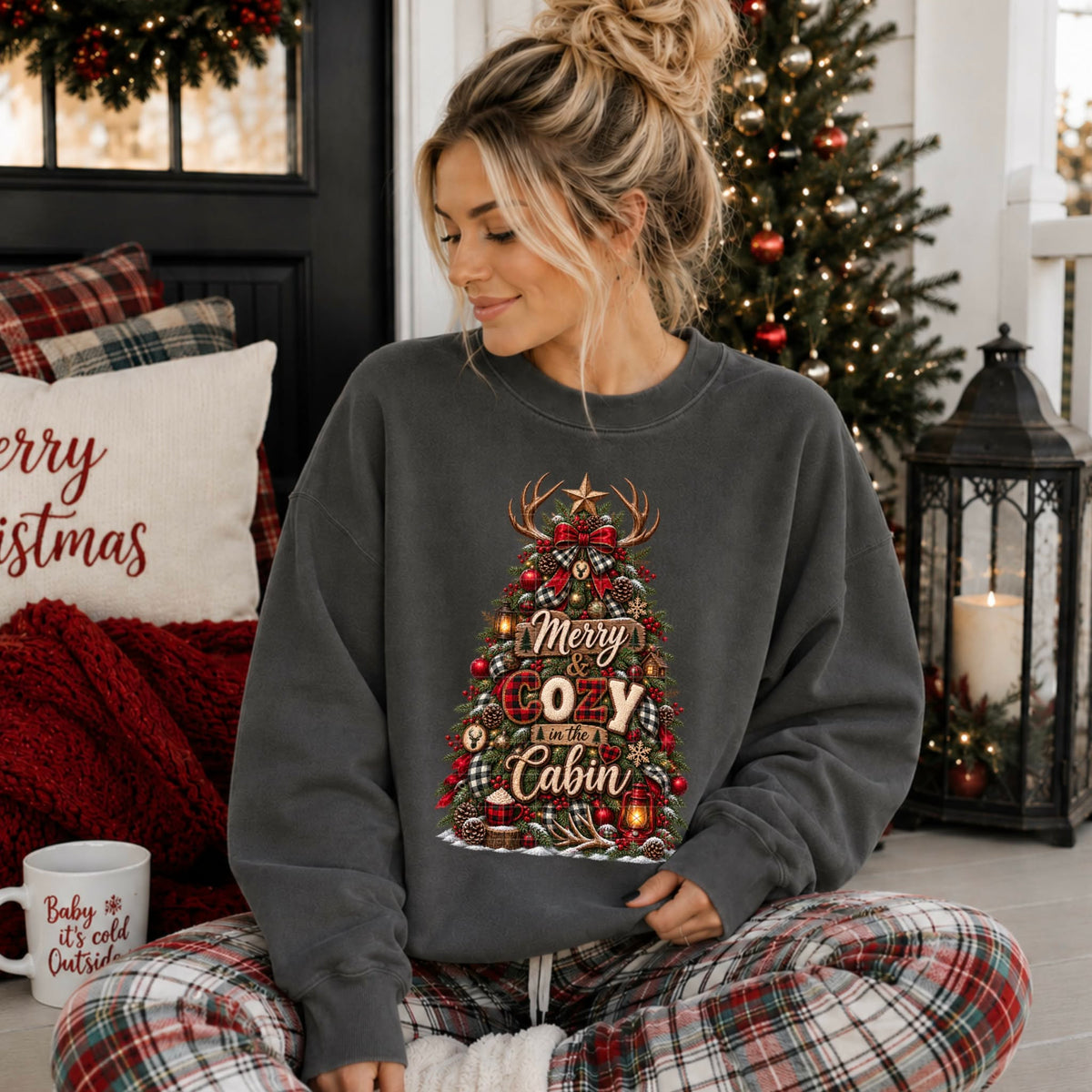 Merry and cozy in the cabin red plaid lettering Christmas tree with antlers (SDD) DTF transfer