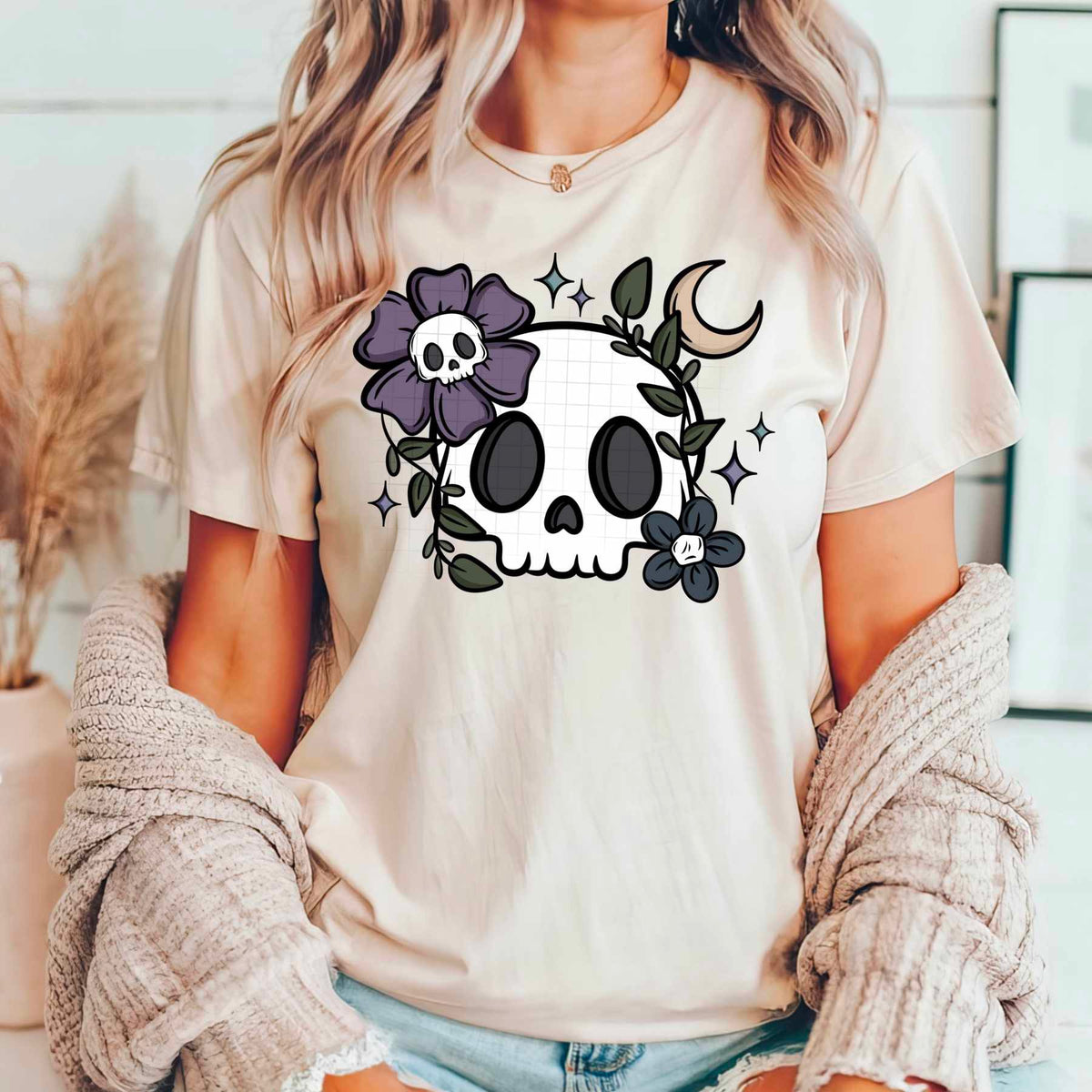 Skull with dark flower and moon (CSC) 82430 DTF transfer