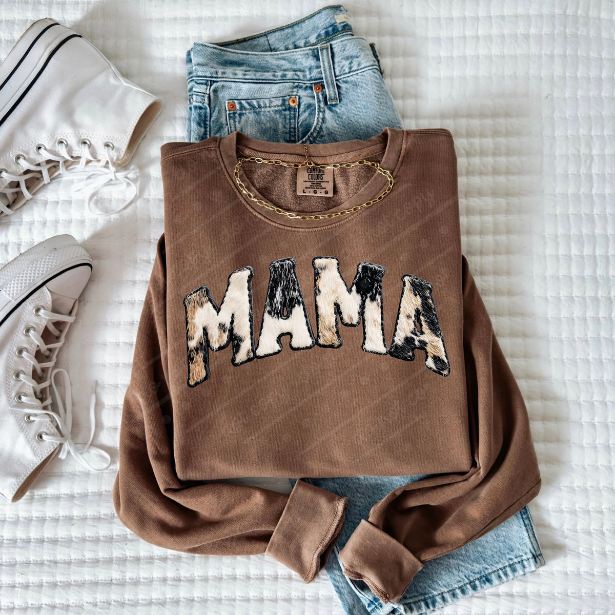 Mama faux patch cow print (black brown) DTF Transfer