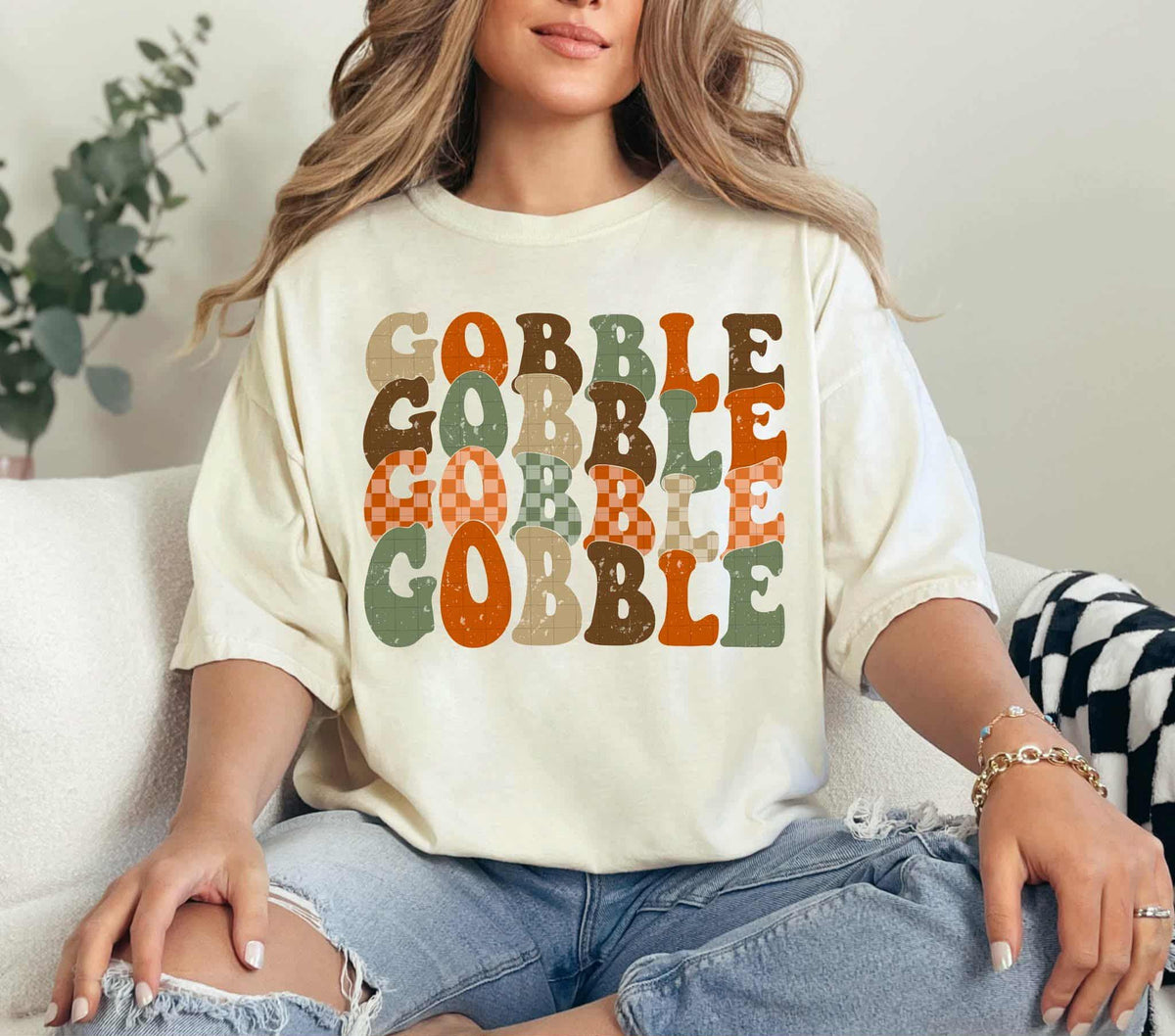 Gobble stacked with checker (Linda) DTF transfer