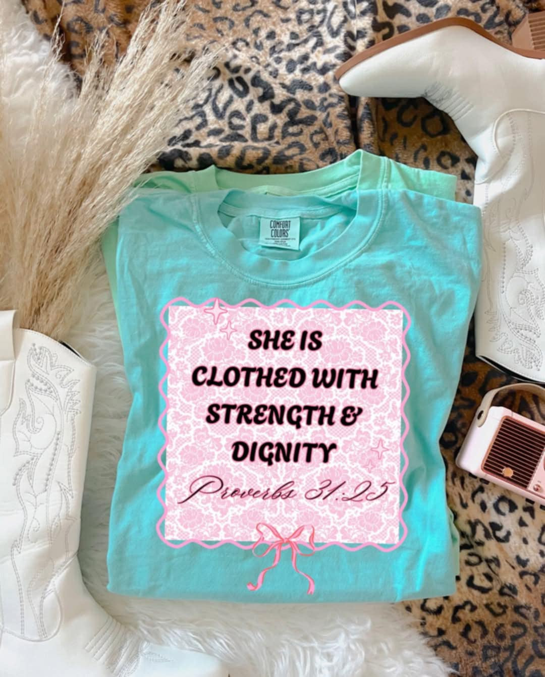 She is clothed with strength & dignity pink 106248 DTF transfer