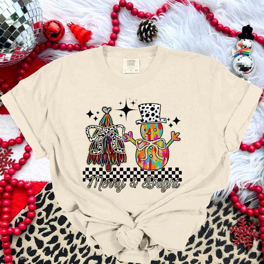Merry & bright tree and brushstroke snowman (HW) 64725 DTF transfer