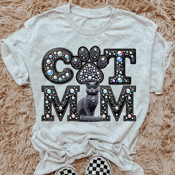 Grey Cat mom rhinestone 49181 DTF transfer