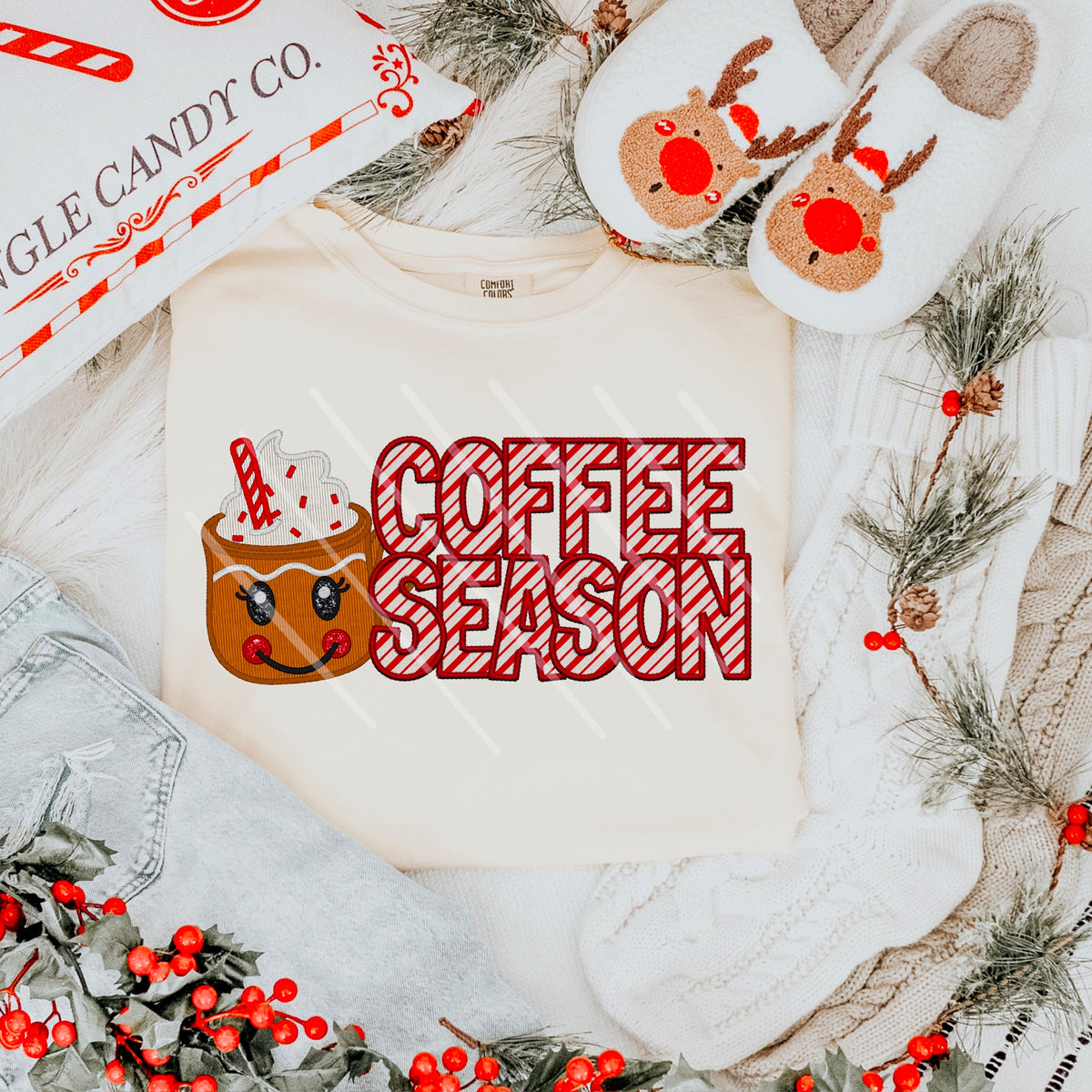 Coffee season red striped letters and reindeer mug 111671 DTF transfer