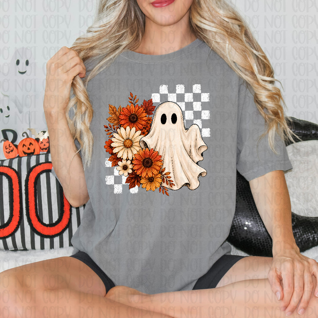 Ghost with flowers and white checker Sunday Special DTF transfer