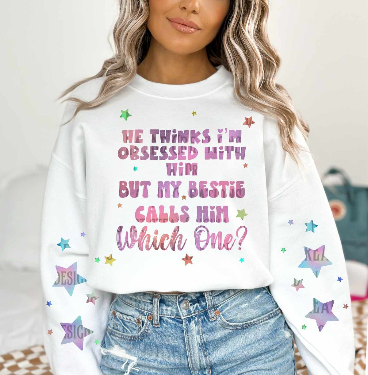 He thinks I’m obsessed with him but my bestie calls him which one FRONT ONLY (LANE) 50885 DTF transfer