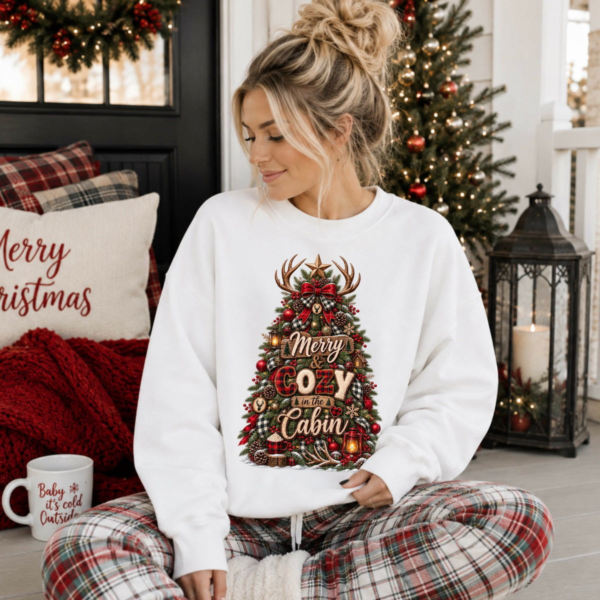 Merry and cozy in the cabin red plaid lettering Christmas tree with antlers (SDD) DTF transfer