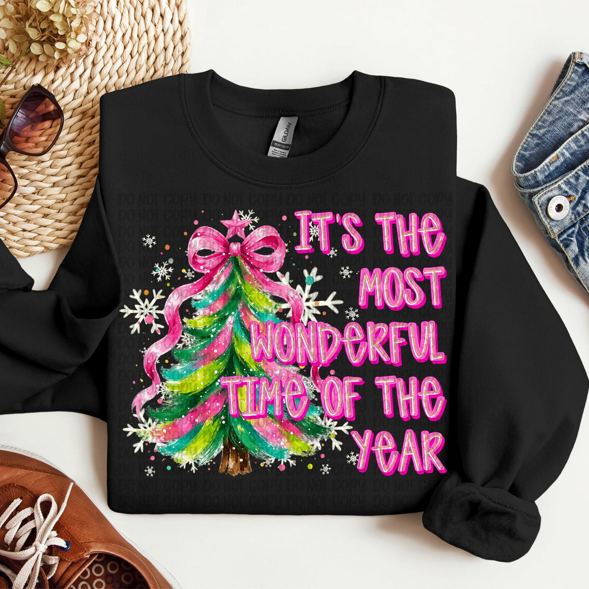 It’s the most Wonderful time of the year pink lettering Christmas tree pink bow  (VP) DTF Transfer