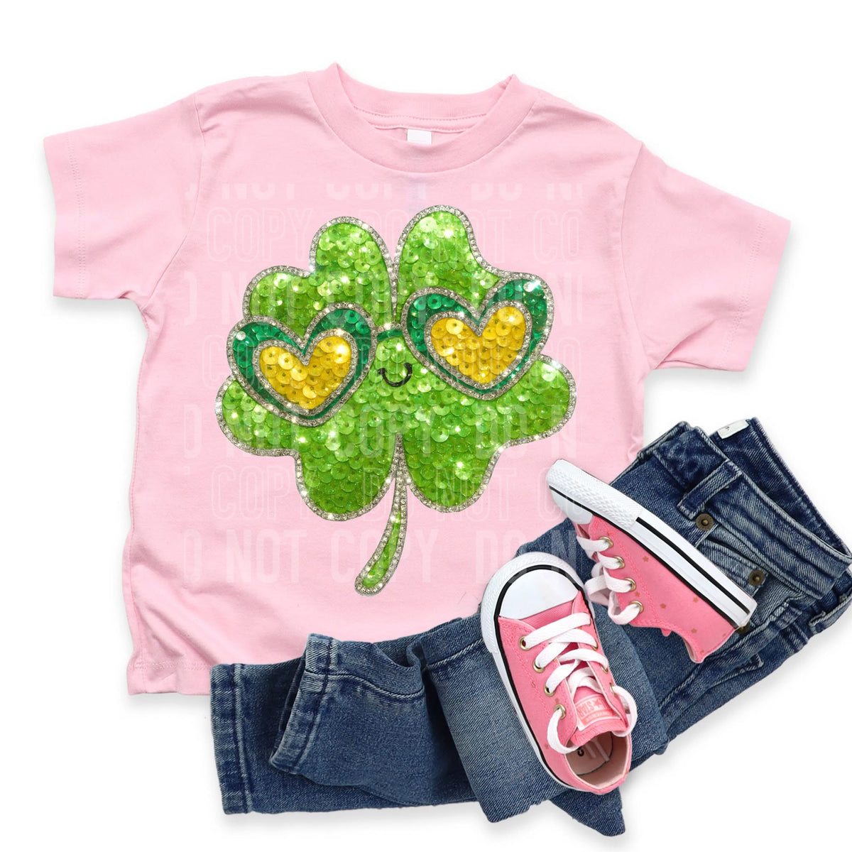 Faux sequin 4 leaf clover with heart sunglasses (SBB) DTF transfer