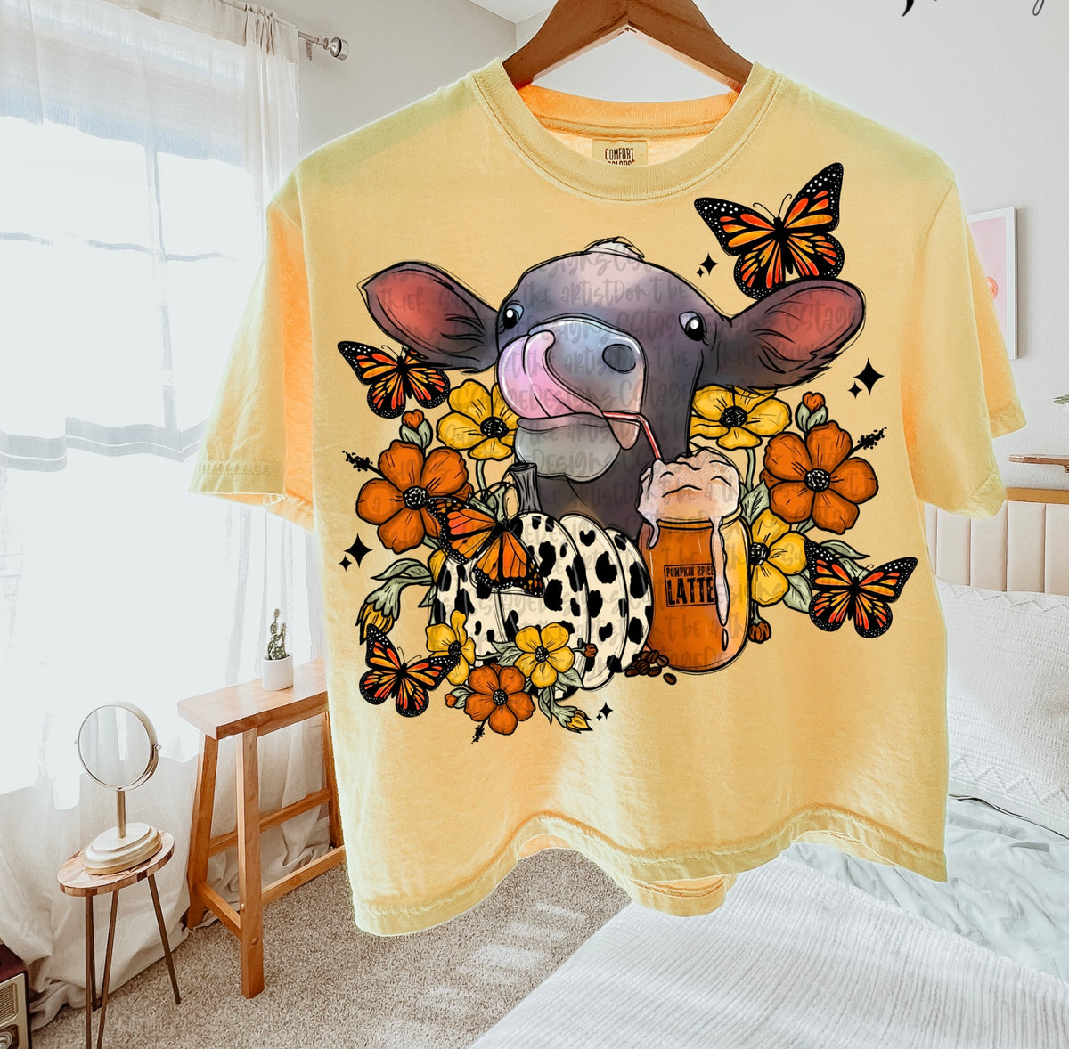Floral cow with latte Sunday Special DTF transfer