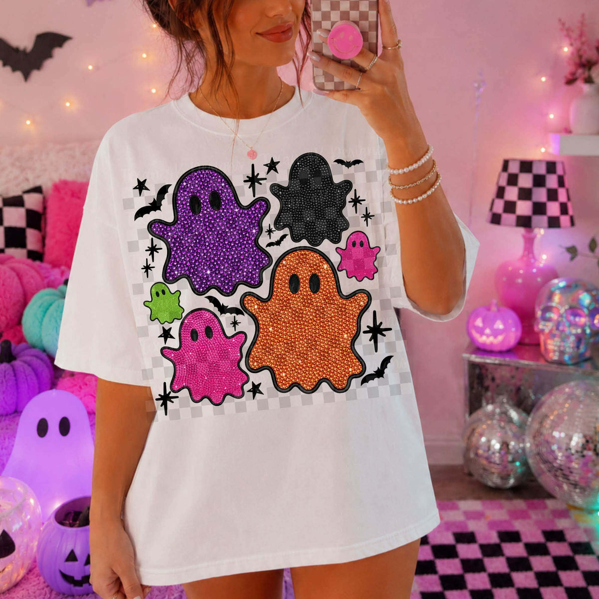 Sparkly checkered colorful ghost (Texan) DTF Transfer