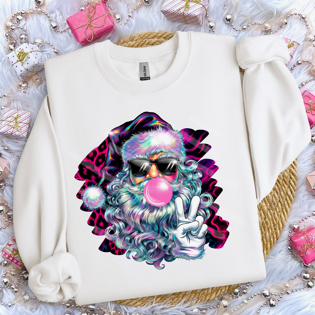 Peace Santa Bubblegum pink cheetah background (WNDD) 114205 DTF transfer