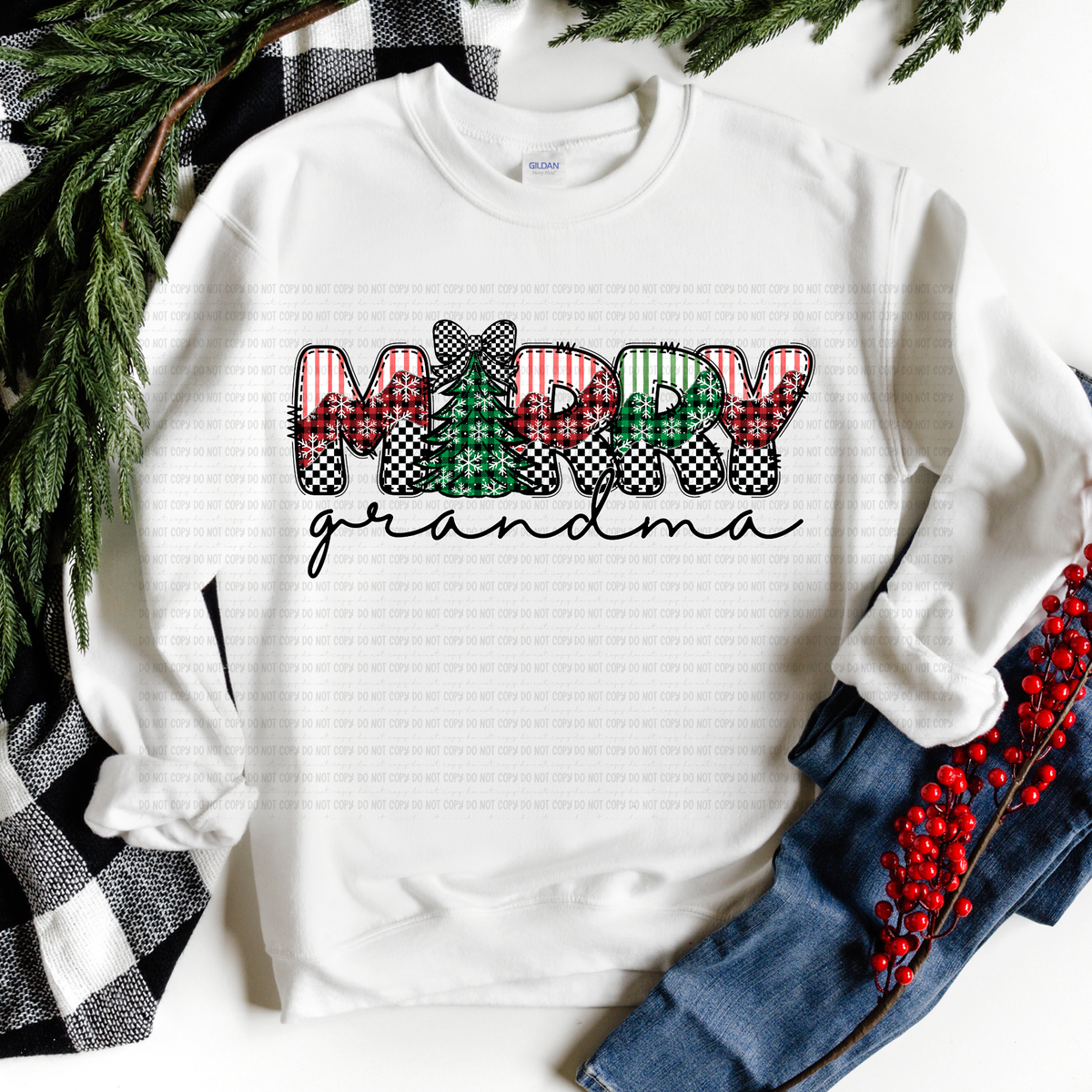 Merry Grandma stripe plaid and checker (revel) DTF Transfer