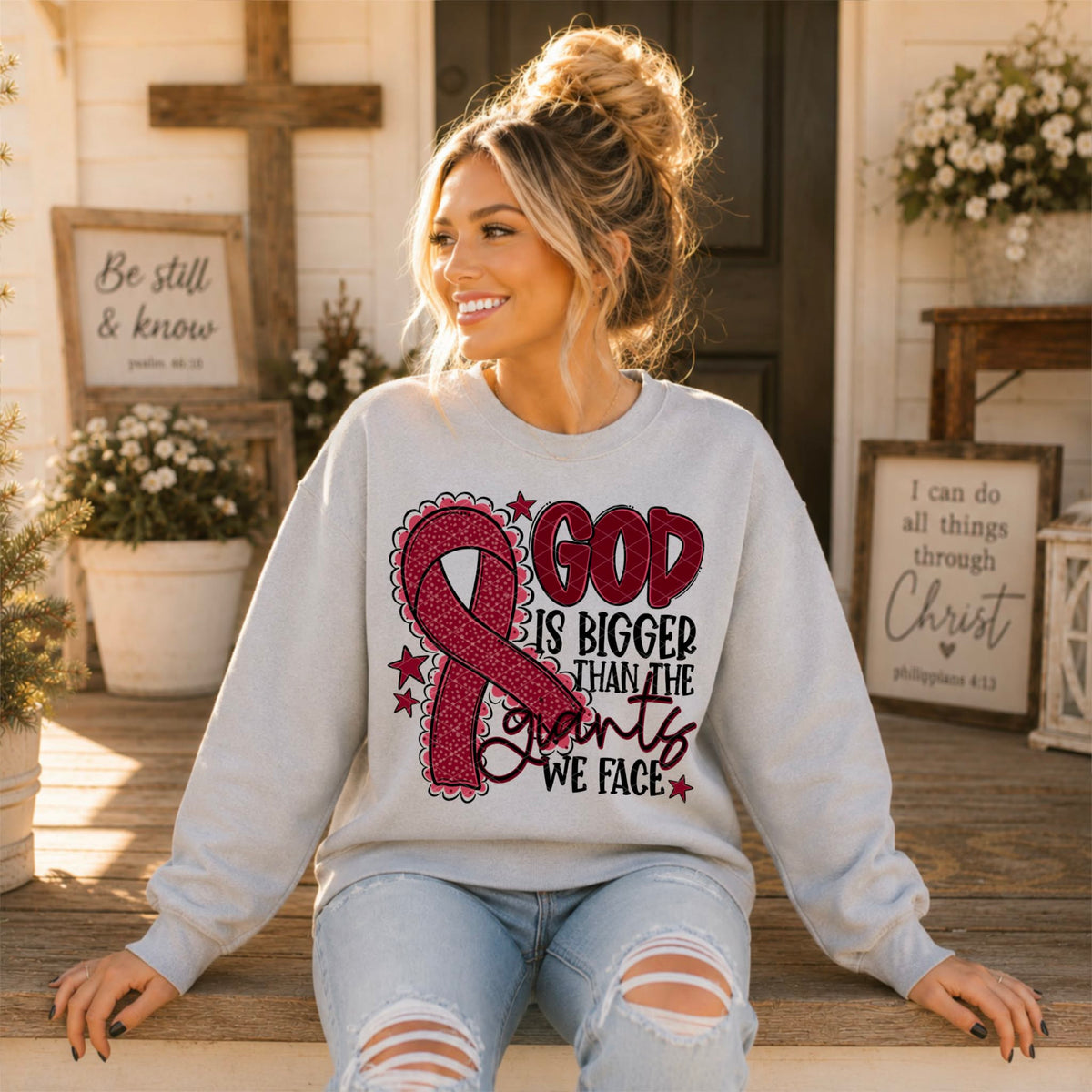 God is bigger than the giants we face MAROON  ribbon (SDD) DTF Transfer