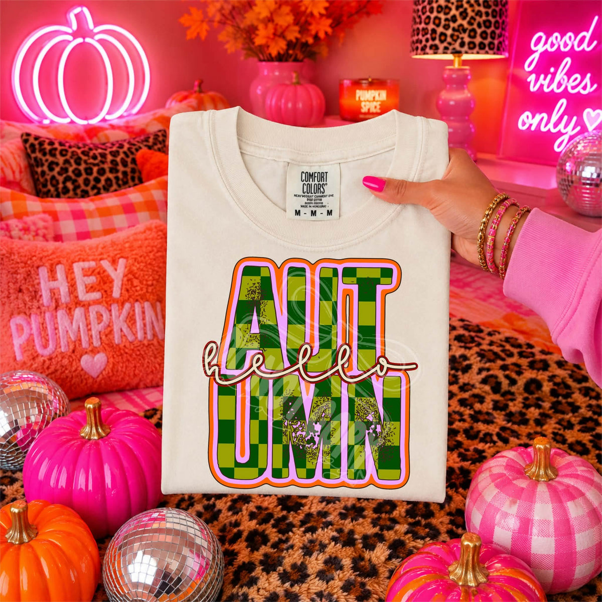 Hello Autumn green checkered filled (C’s) DTF Transfer