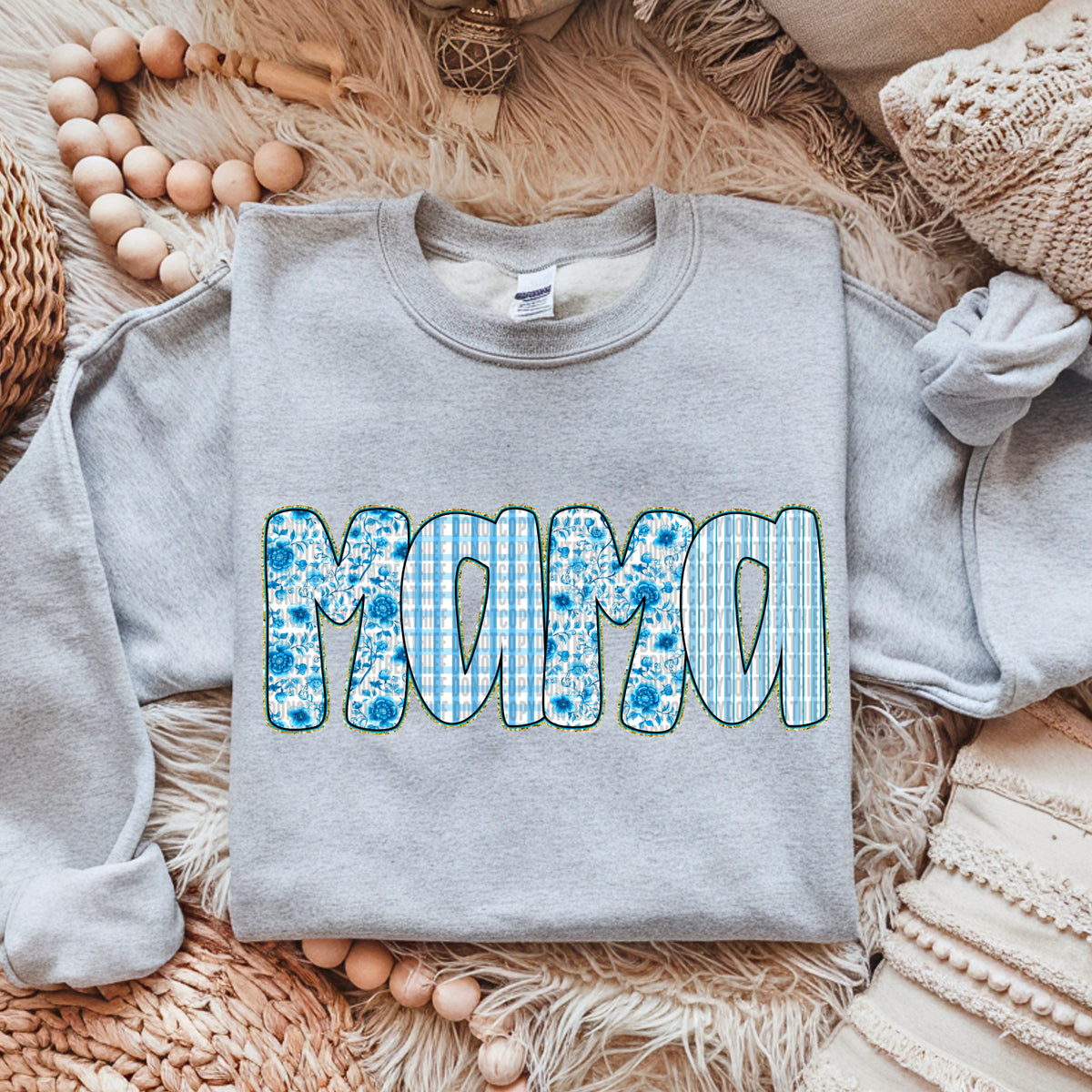 Mama blue floral and plaid 100095 DTF transfer
