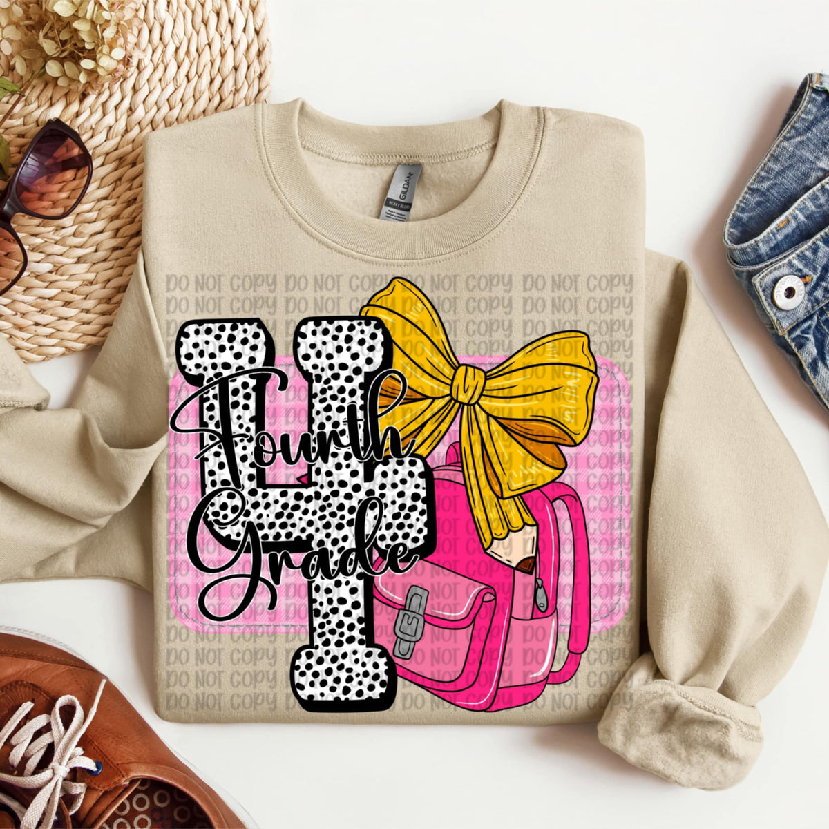 Fourth Grade Polka Dot with pencil bow and backpack DTF transfer