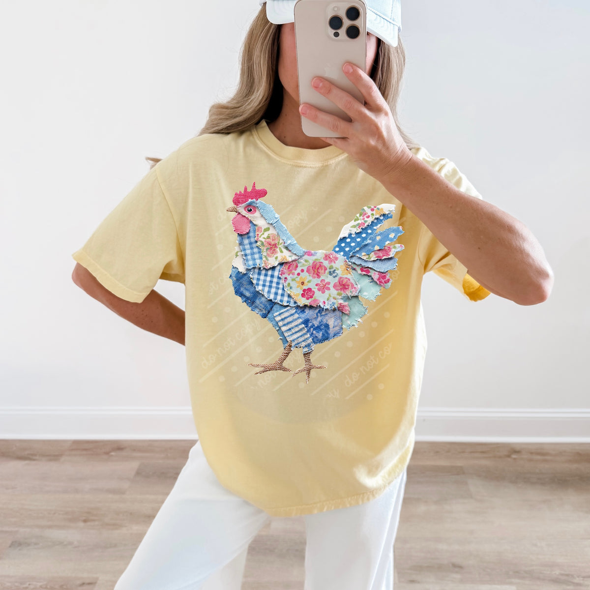 Faux patchwork chicken (facing left) DTF TRANSFER