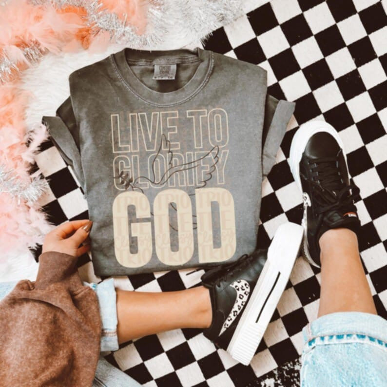 Live to glorify god tan font 95108 DTF transfer