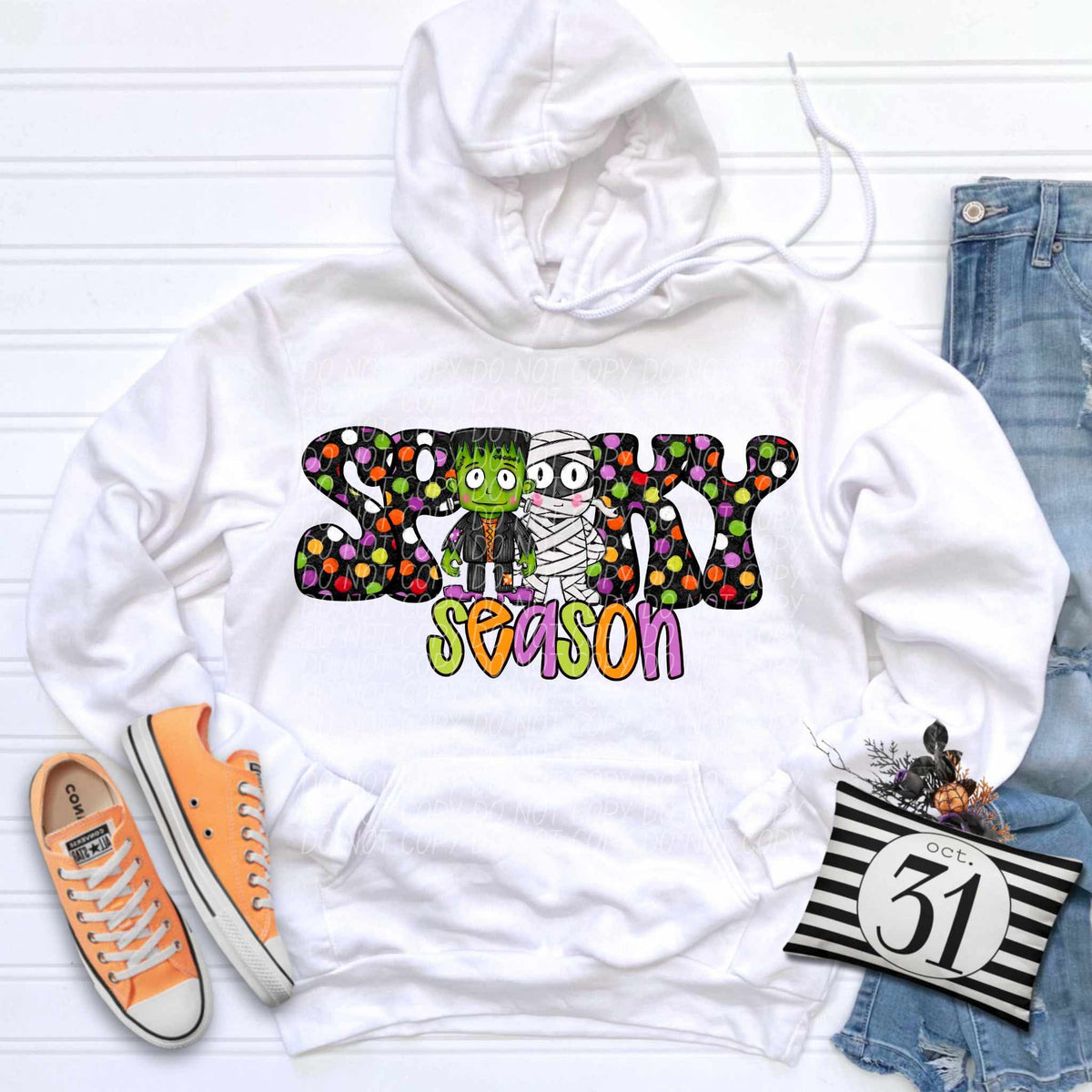 Spooky Season polka dot mummy and Frankenstein (city) DTF transfer