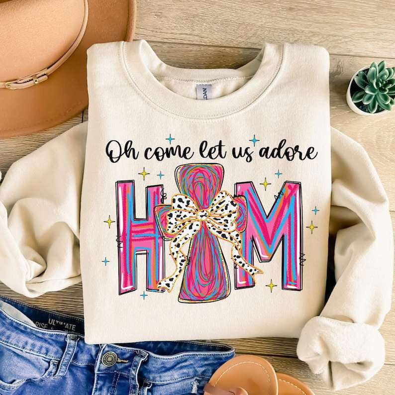 Oh come let us adore him pink and blue brushstroke 67902 DTF transfer