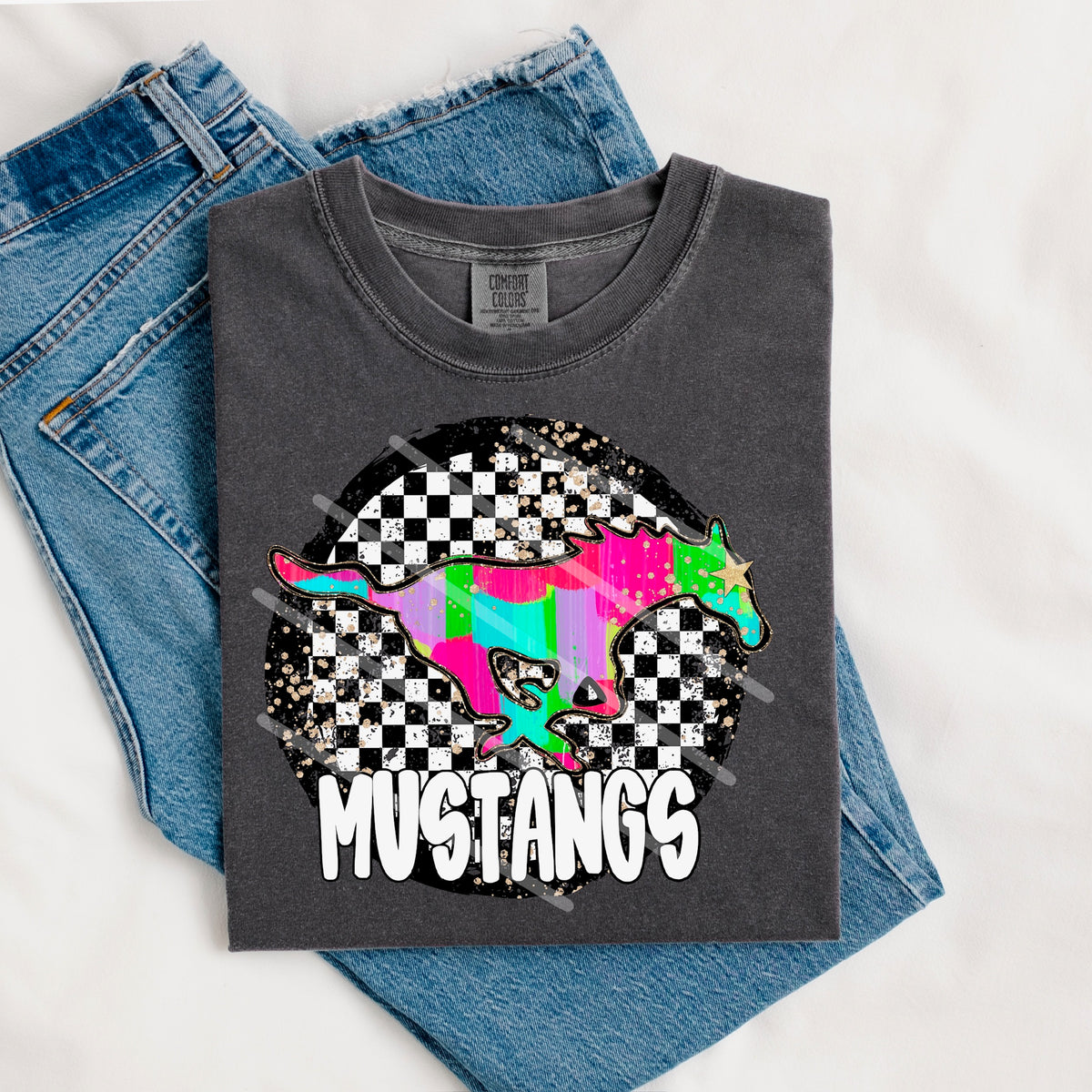 Mustangs Mascot rainbow checker circle (county line) DTF transfer
