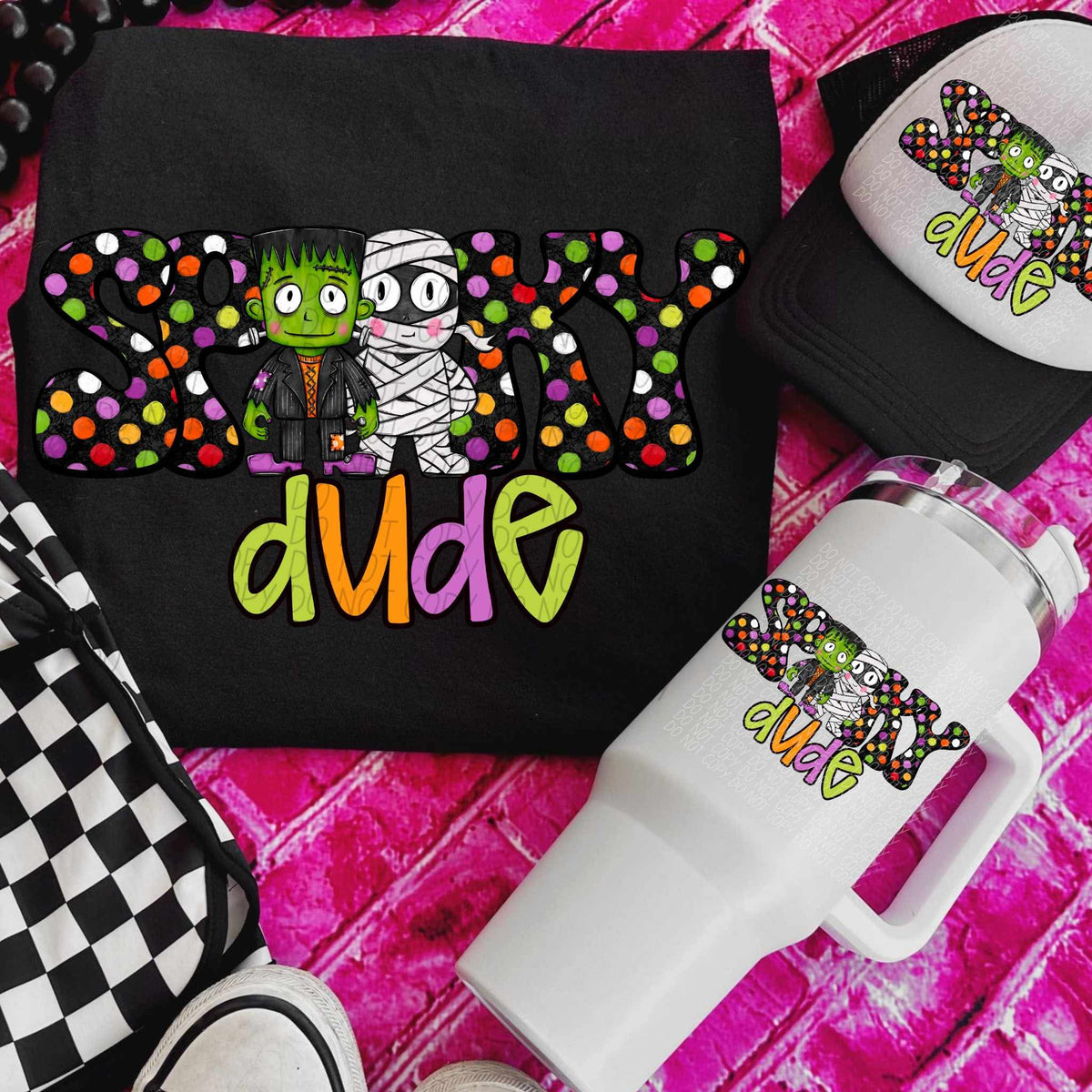 Spooky Dude polka dot mummy and Frankenstein (city) DTF transfer