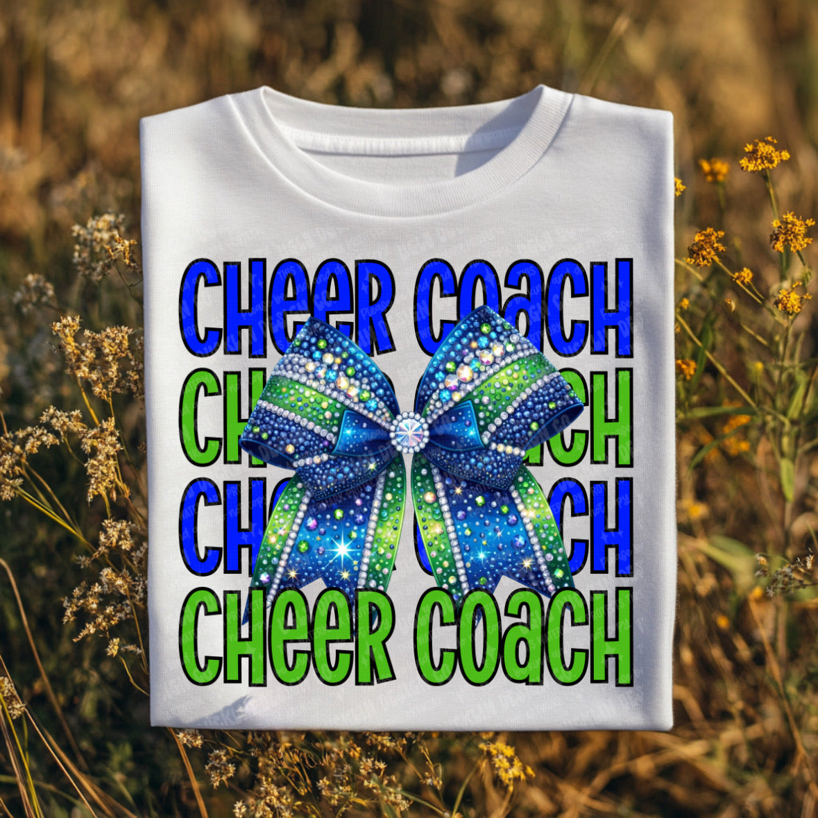 Cheer Coach stacked blue and green with bow (UDD) 68690 dtf transfer