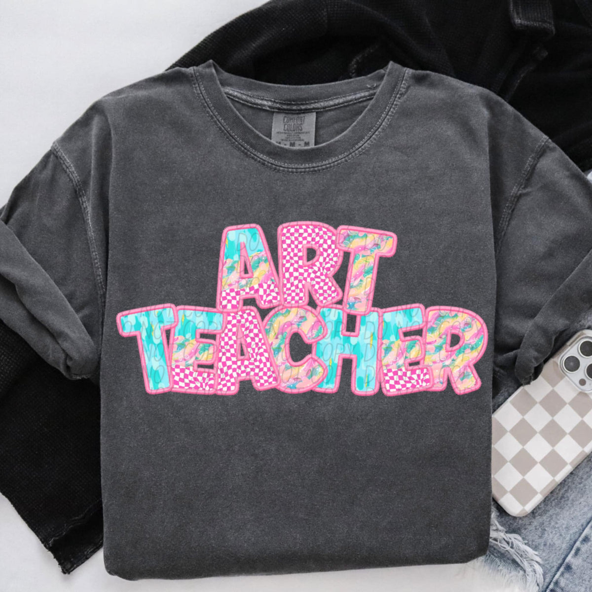 Art teacher pink checkered (CITY) 97076 DTF transfer