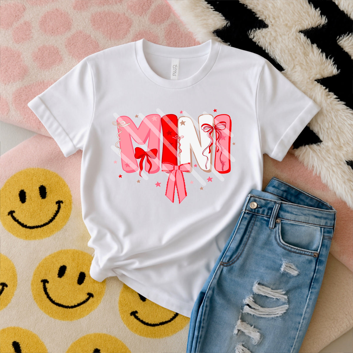 Mini pink red and white with bows (scarlow) 114375 DTF transfer