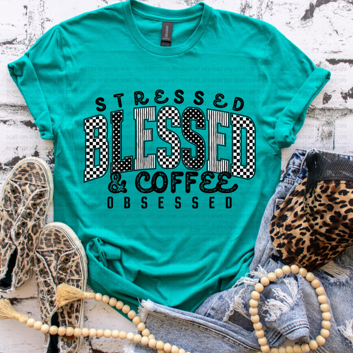 Stressed Blessed Coffee Obsessed black words GRAY REVEL DTF transfer