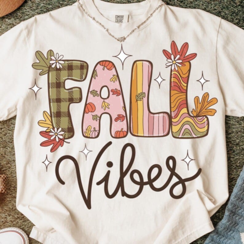 Fall Vibes with green plaid leaf and stripe letters DTF transfer