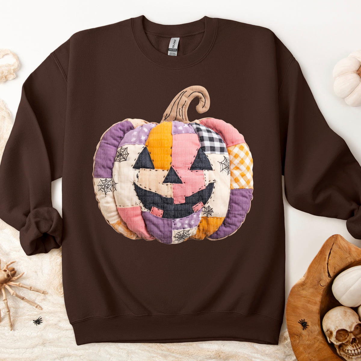 Faux Fabric pumpkin with patchwork and face 113410 DTF transfer