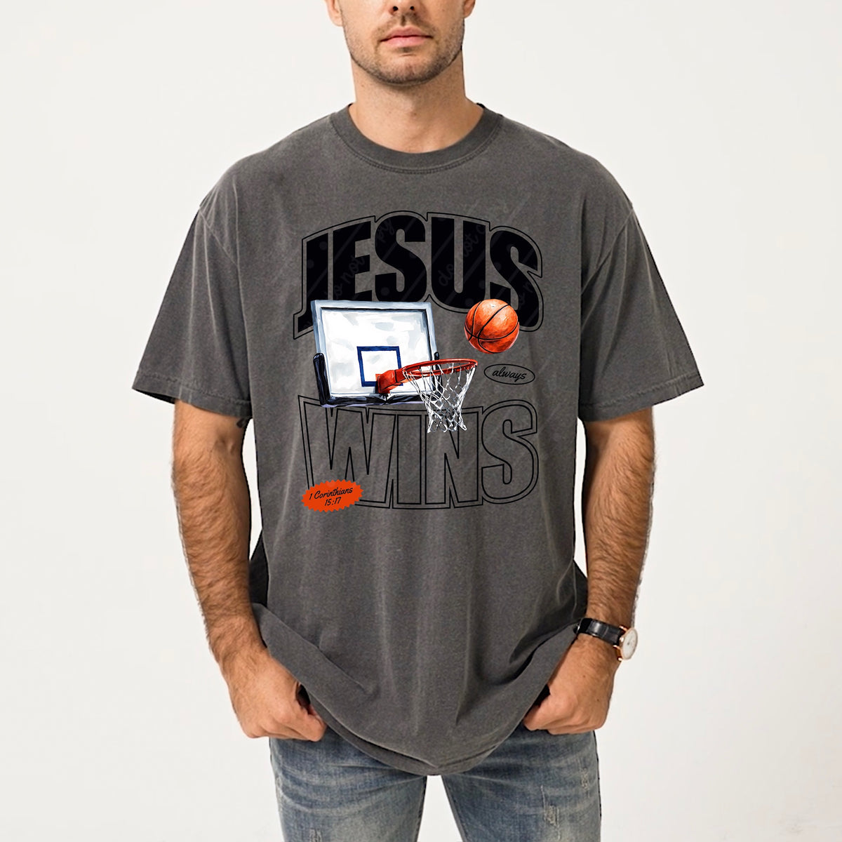 Jesus wins basketball hoop (black) DTF Transfer