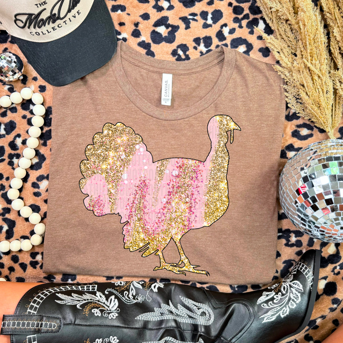 Pink and gold glitter turkey DTF transfer