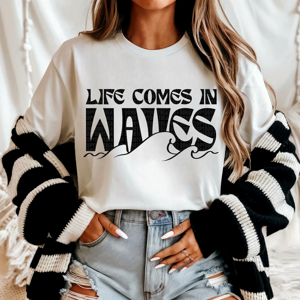 Life comes in wave a black font 95402 DTF transfer