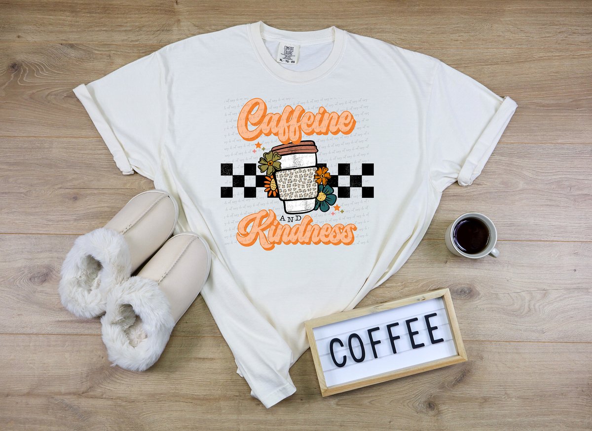 Caffeine and Kindness Retro Floral Checkered Cup 116141 DTF Transfer