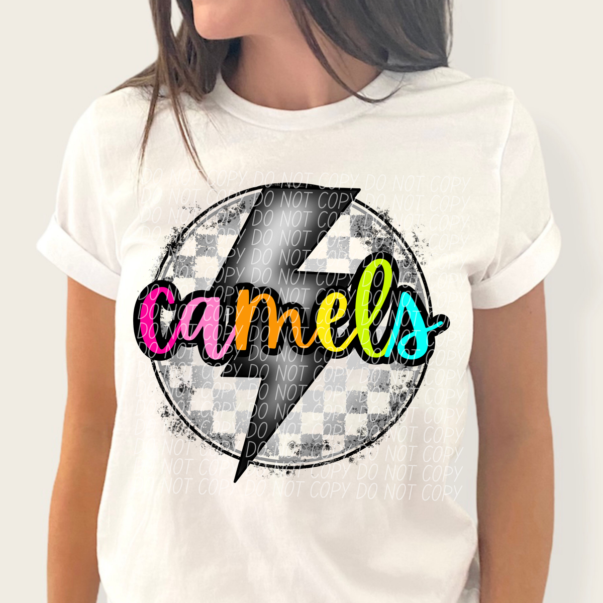 Camels BRIGHT COLORS FONT lightning bolt circle CITY DTF transfer