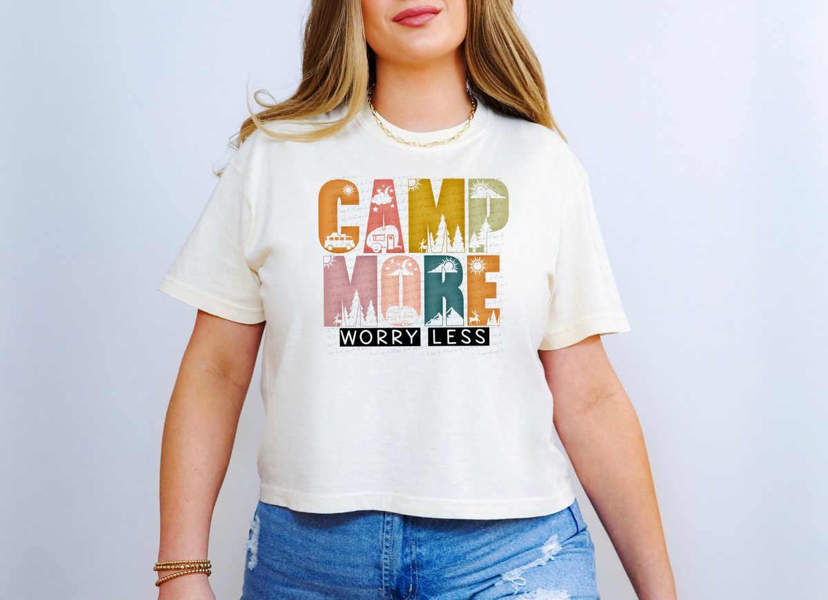 Camp More Worry Less Orange Pink Blue and Yellow Lettering 116143 DTF Transfer