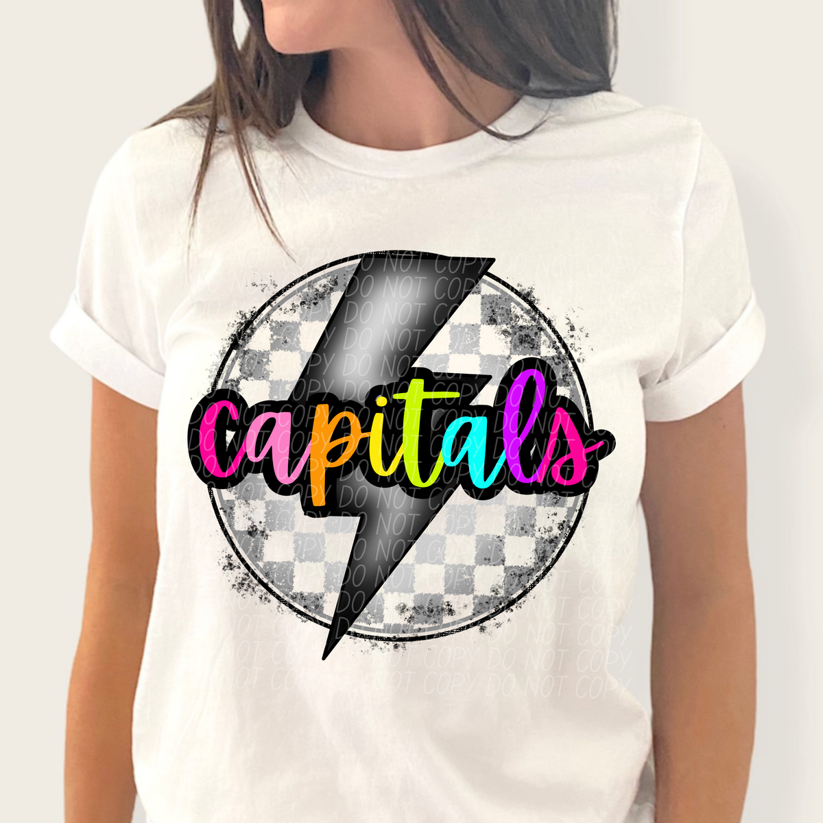 Capitals BRIGHT COLORS FONT lightning bolt circle CITY DTF transfer