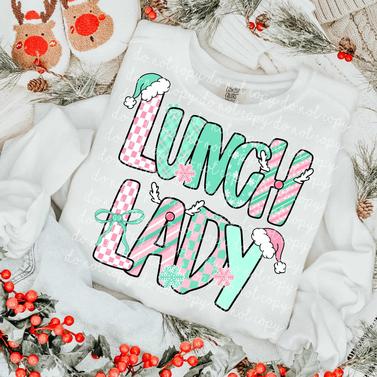 Lunch Lady Mint and Pink Christmas letters DTF transfer