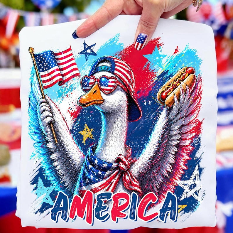 Patriotic goose with hat and hotdog Sunday Special DTF transfer