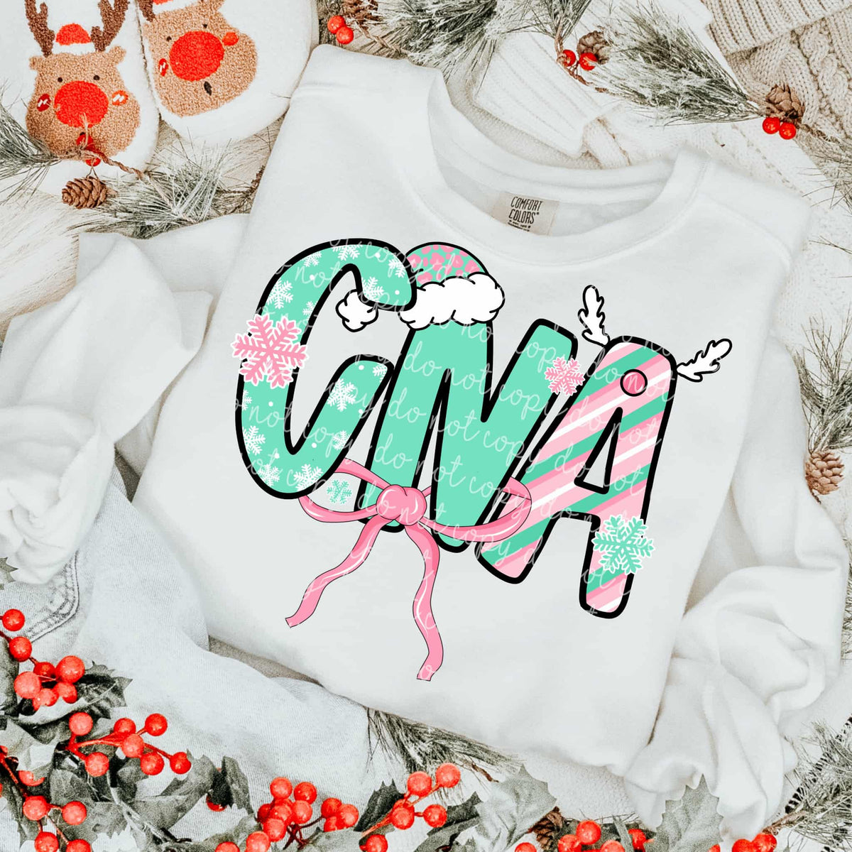 CNA Mint and Pink Christmas letters DTF transfer
