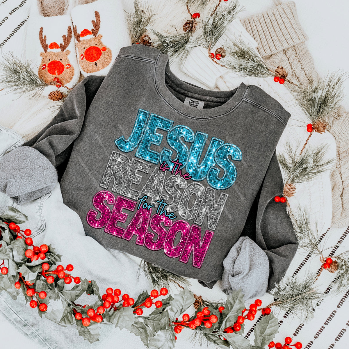 Jesus Is the Reason Faux Sequins BLUE PINK SILVER 111656 DTF transfer