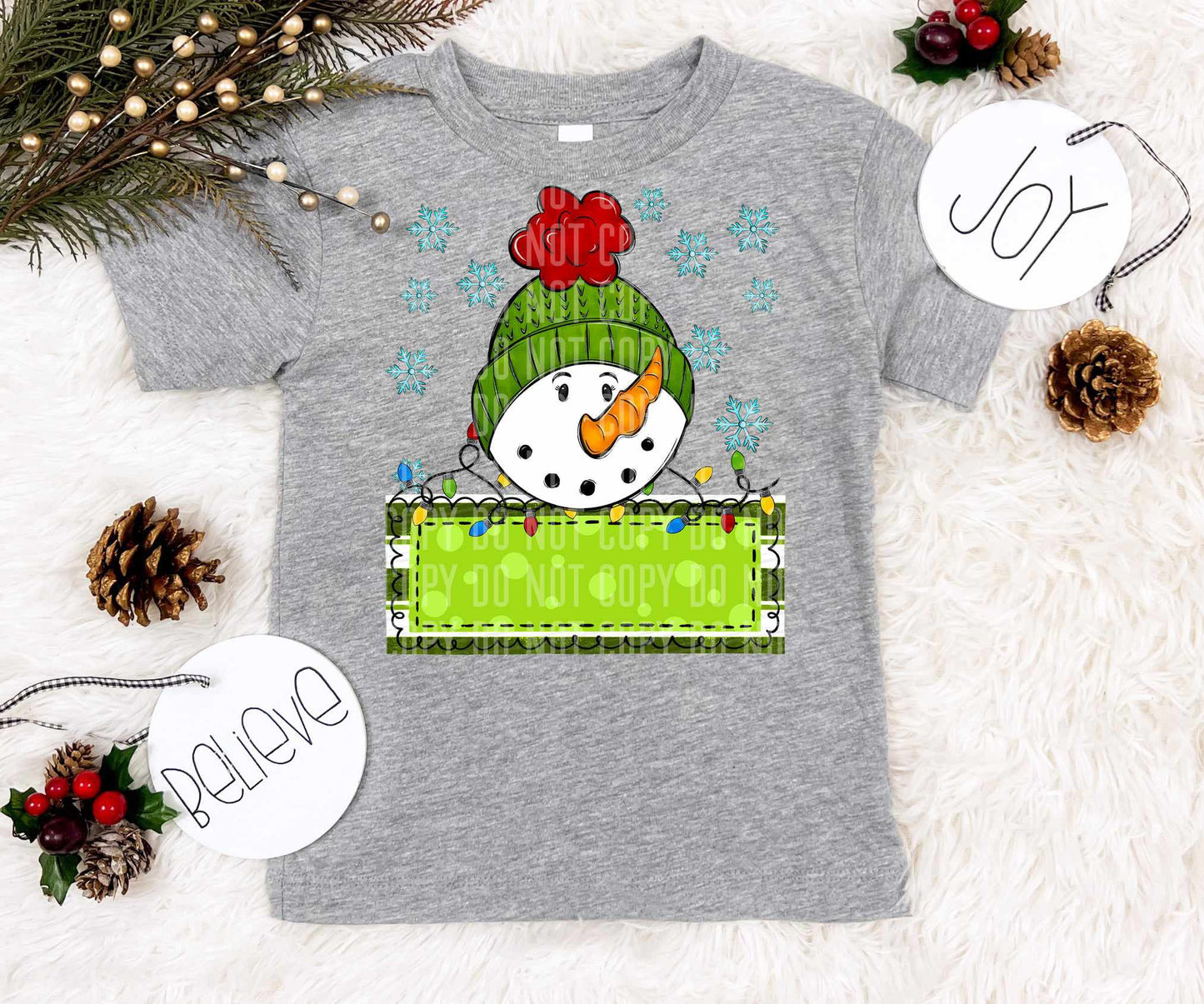 Snowman green name tag blue snowflakes (caplinger) 73050 DTF transfer